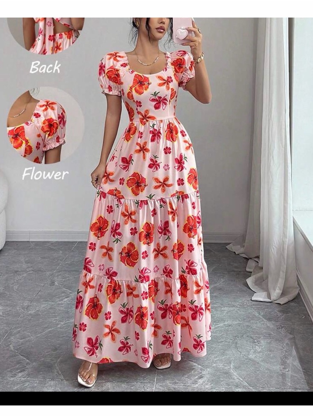 Pink Floral Puff-Sleeve Tiered Maxi Dress